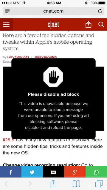 image of cnet blocking mobile safari